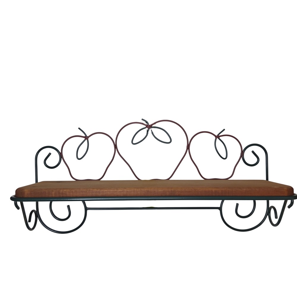 Vtg Farmhouse Wrought Iron Apple Wall Shelf Wood Ledge Green Burgundy 20in